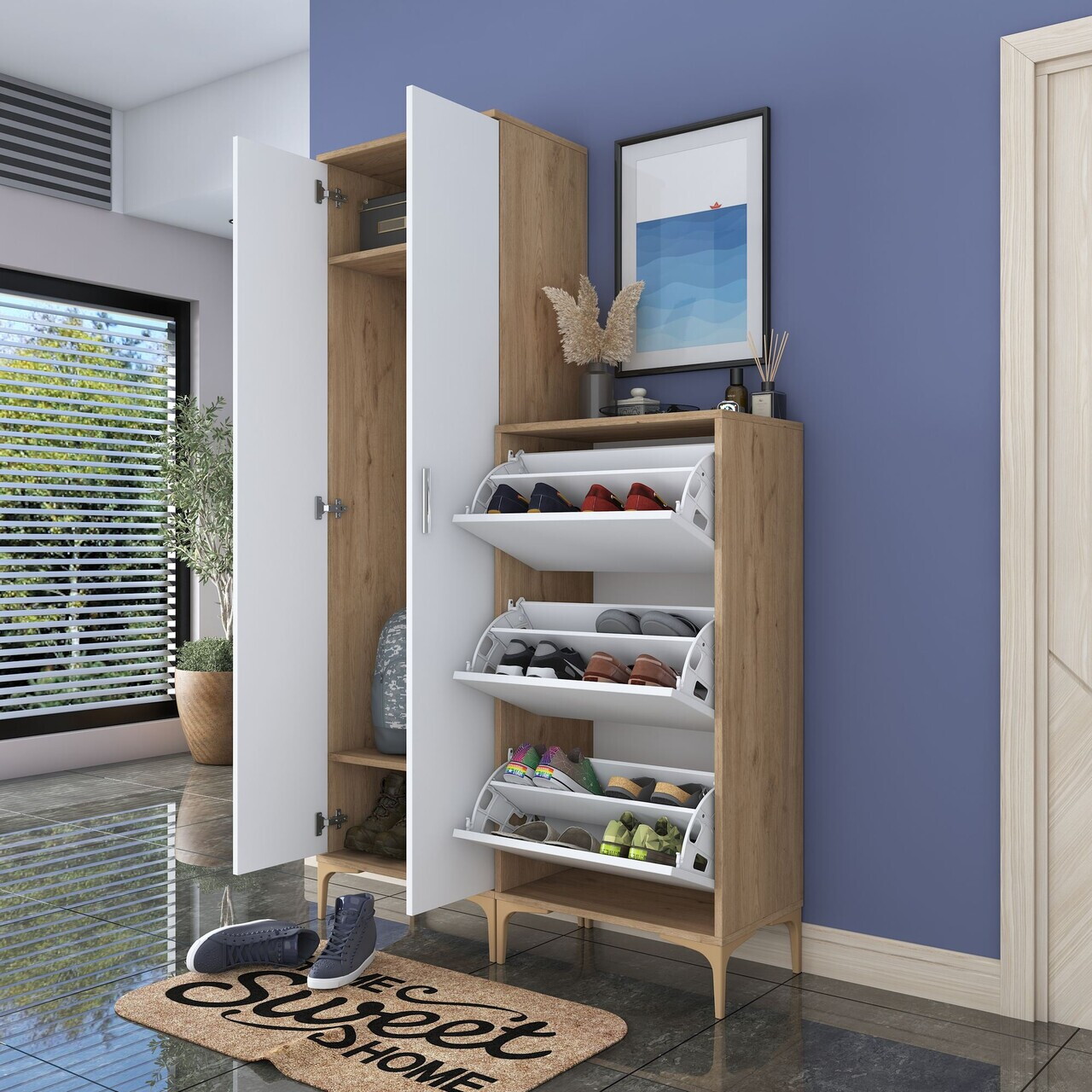 Cuier de perete, Hanah Home, EA137, 120x198.6x37.5 cm, PAL melaminat, Nuc/Alb - view 5