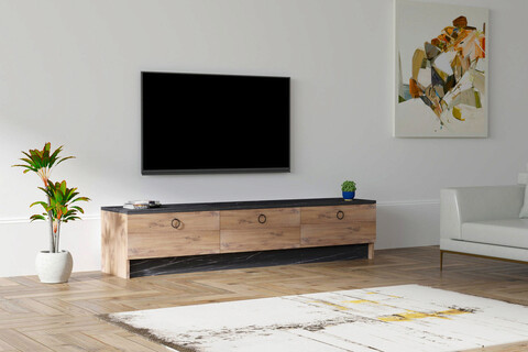 Comoda TV, Puqa Design, Pega, 160x35x35cm, PAL melaminat, Negru / Safir