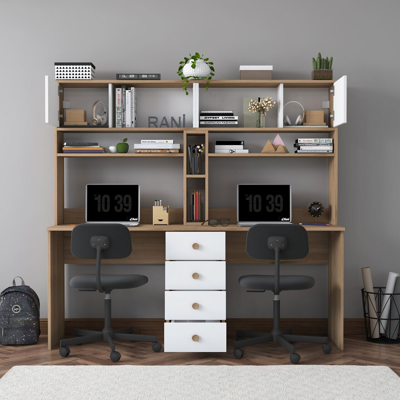 Birou, Hanah Home, HA130, 180x166.3x50 cm, PAL melaminat, Nuc/Alb - view 6