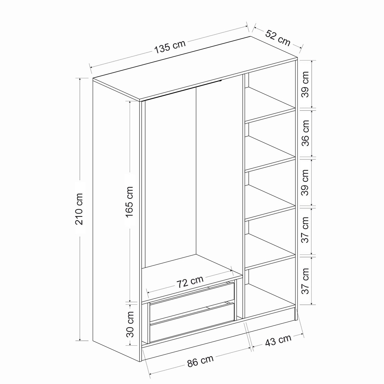Dulap pentru haine, Minerva, Kale White Black, 135x210x52 cm, PAL, Alb/Negru