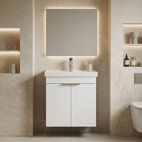 Dulap de baie cu chiuvetă, Hanah Home, Desna 50, Alb mat