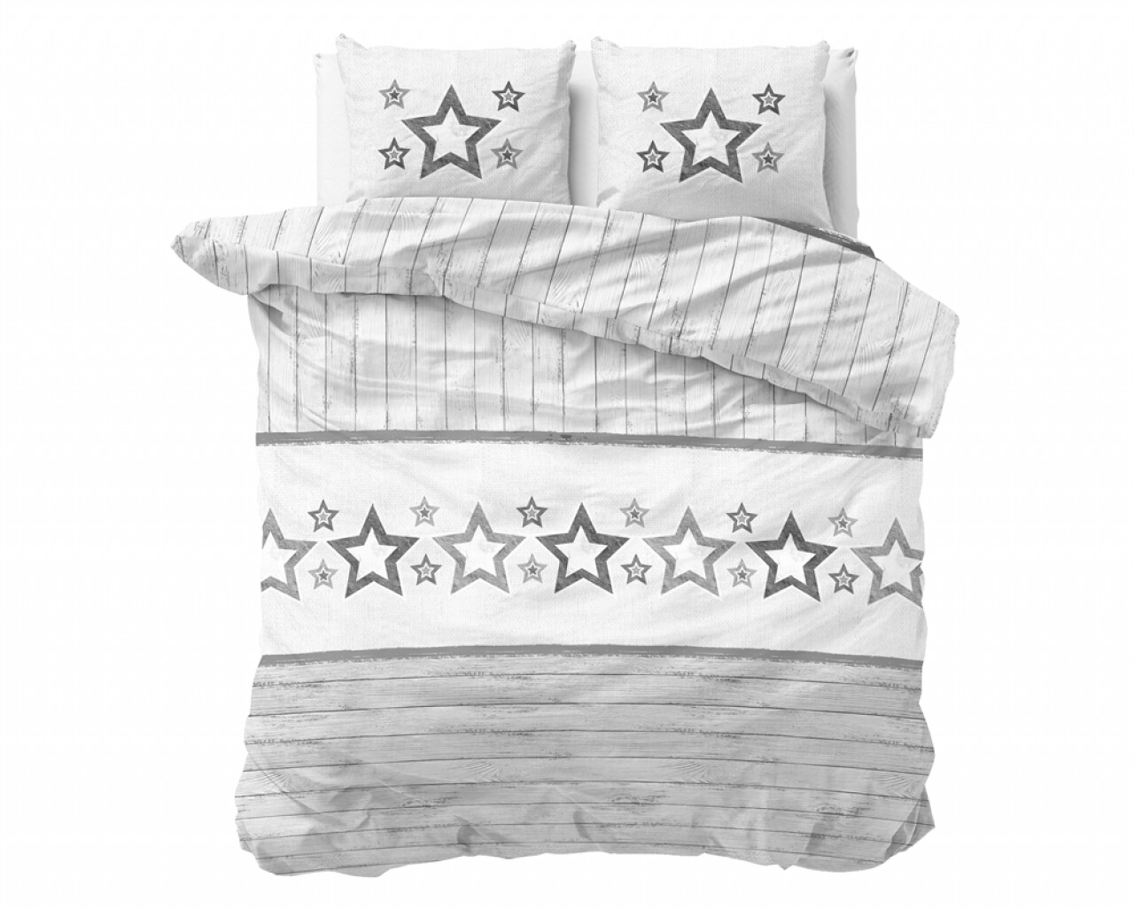 Lenjerie De Pat Dubla Stars And Stars Grey, Sleeptime, 3 Piese, Cotton Blended, Gri