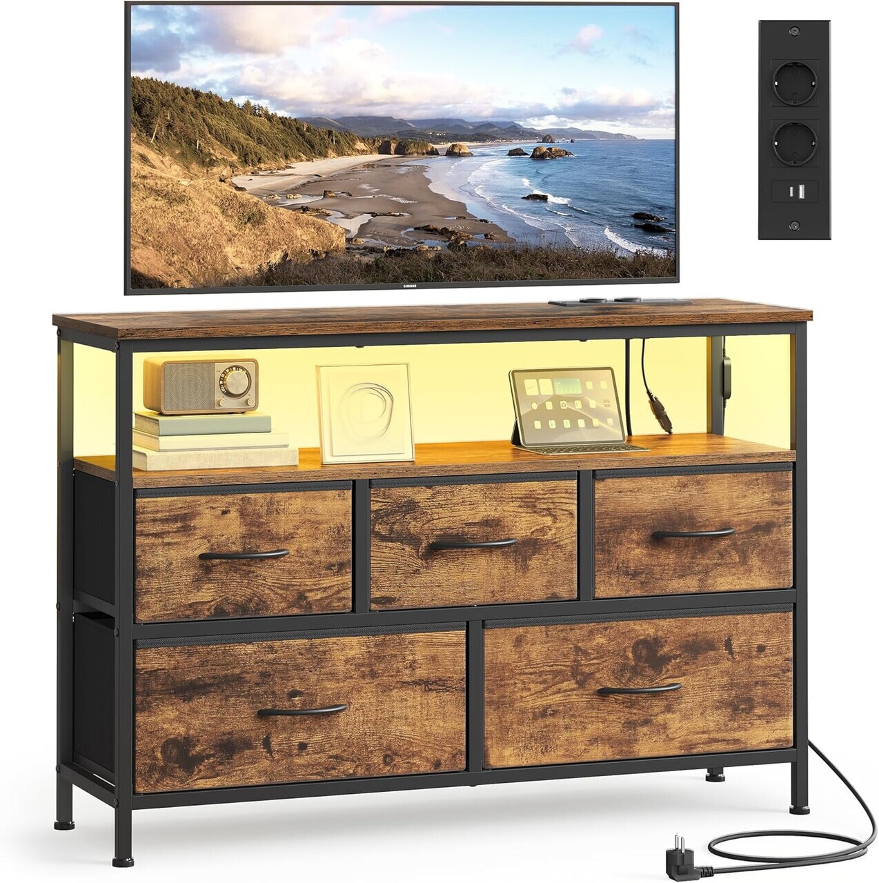 Comoda cu 5 sertare si iluminare LED, Songmics, priza integrata, 98.7x30x68.1 cm, maro rustic/negru - imagine 2