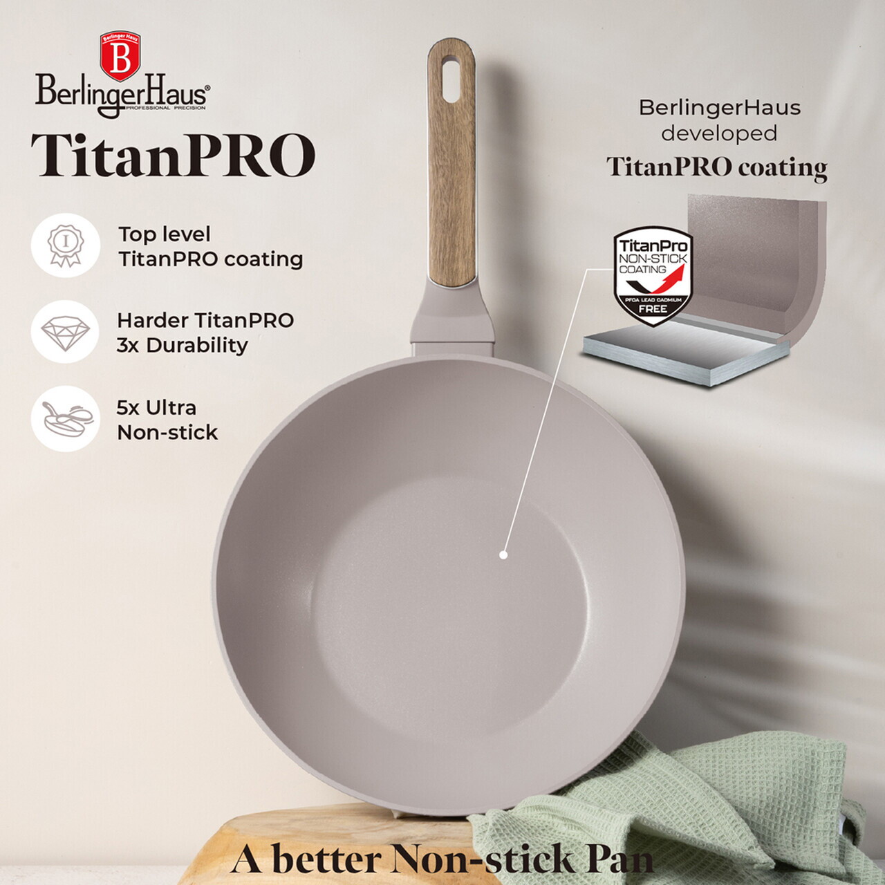 Tigaie Wok Berlinger Haus, Taupe Nordic, 28 cm, 3.5 L, aluminiu forjat, taupe mat/natur - imagine 13