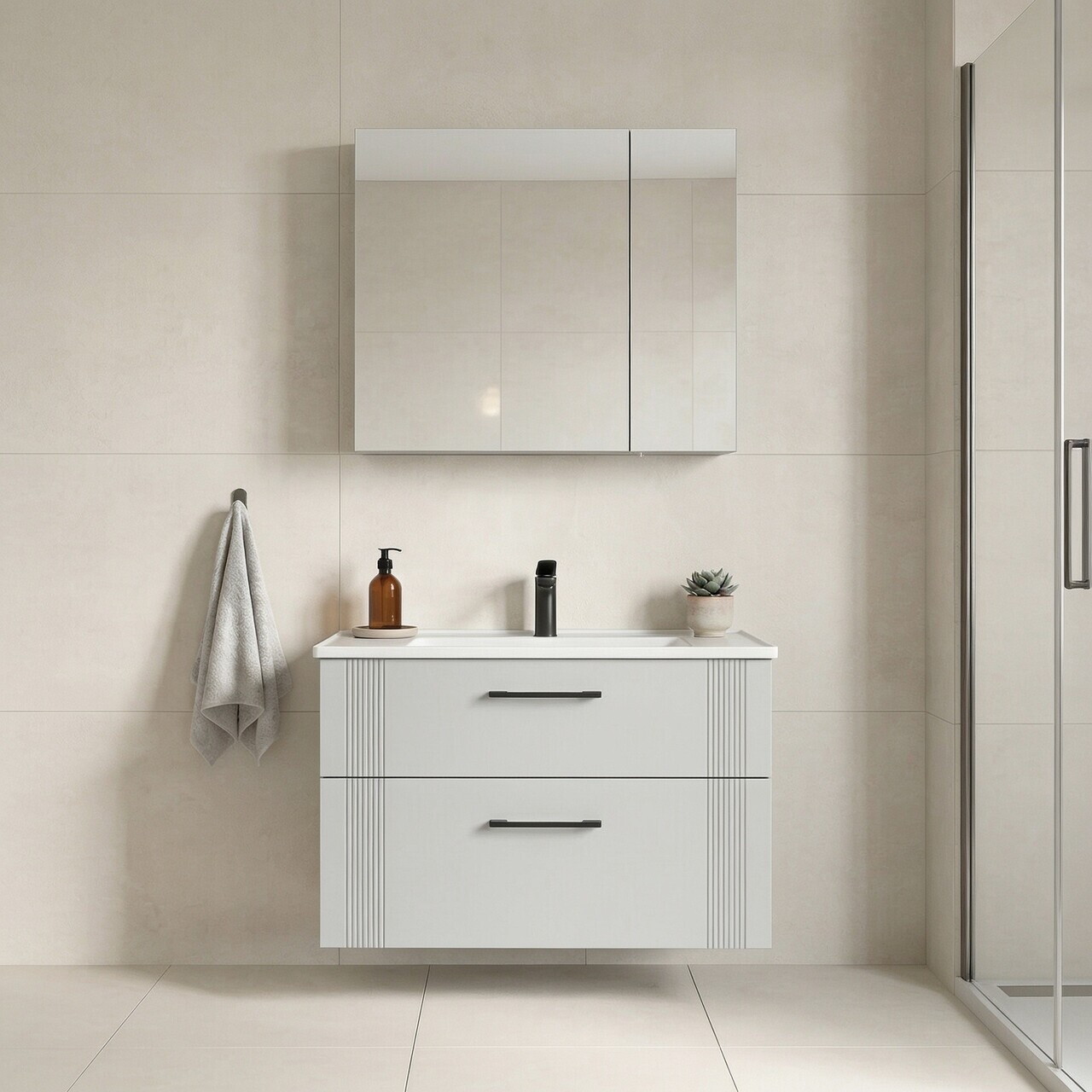 Set Dulap de Baie cu Chiuvetă și Oglindă (2 Piese), Hanah Home, Bari 85 v2, Alb mat