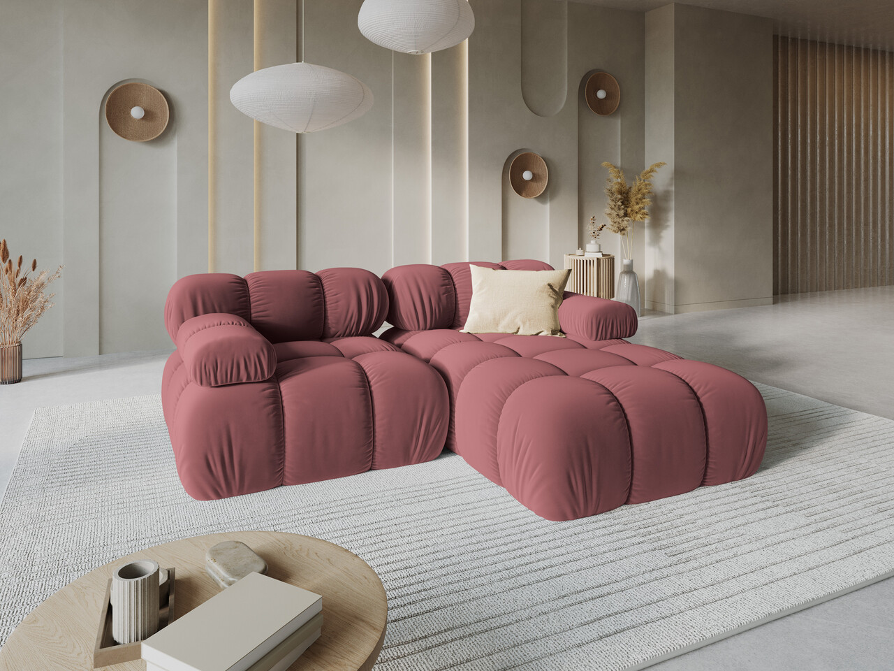 Coltar modular dreapta 3 locuri, Bellis-51, Micadoni Home, 188x155x70 cm, catifea, roz - 1 | YEO