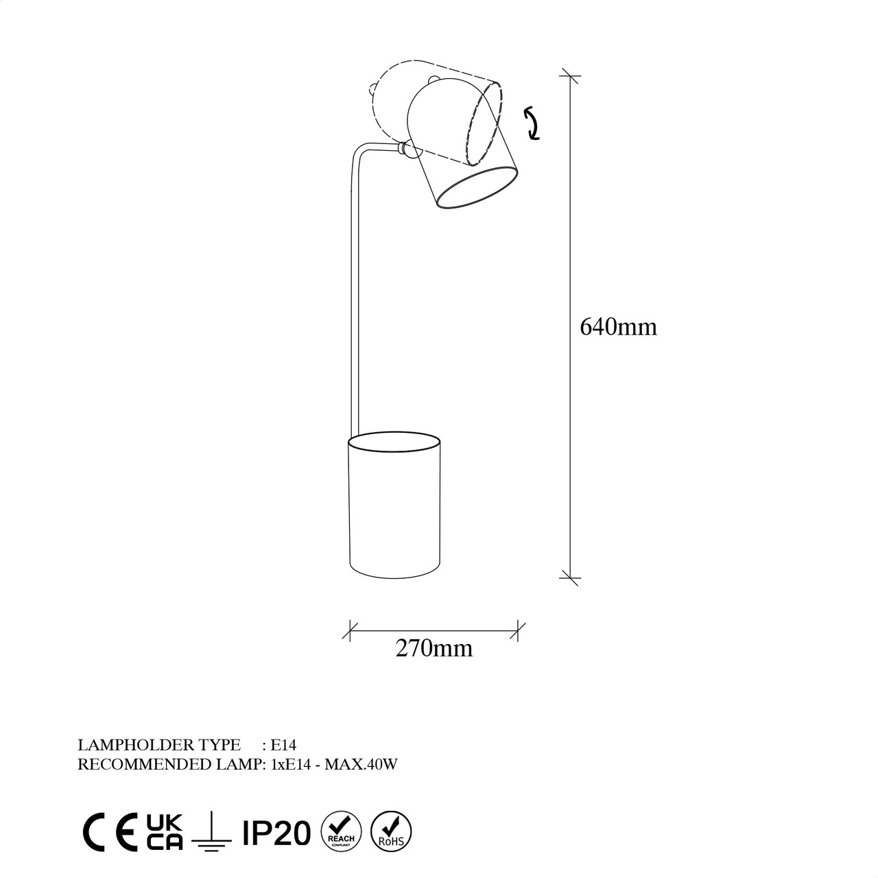 Lampa de masa, Pot - 11490, Fulgor, 12 x 27 x 67 cm, 1 x E14, 40W, auriu