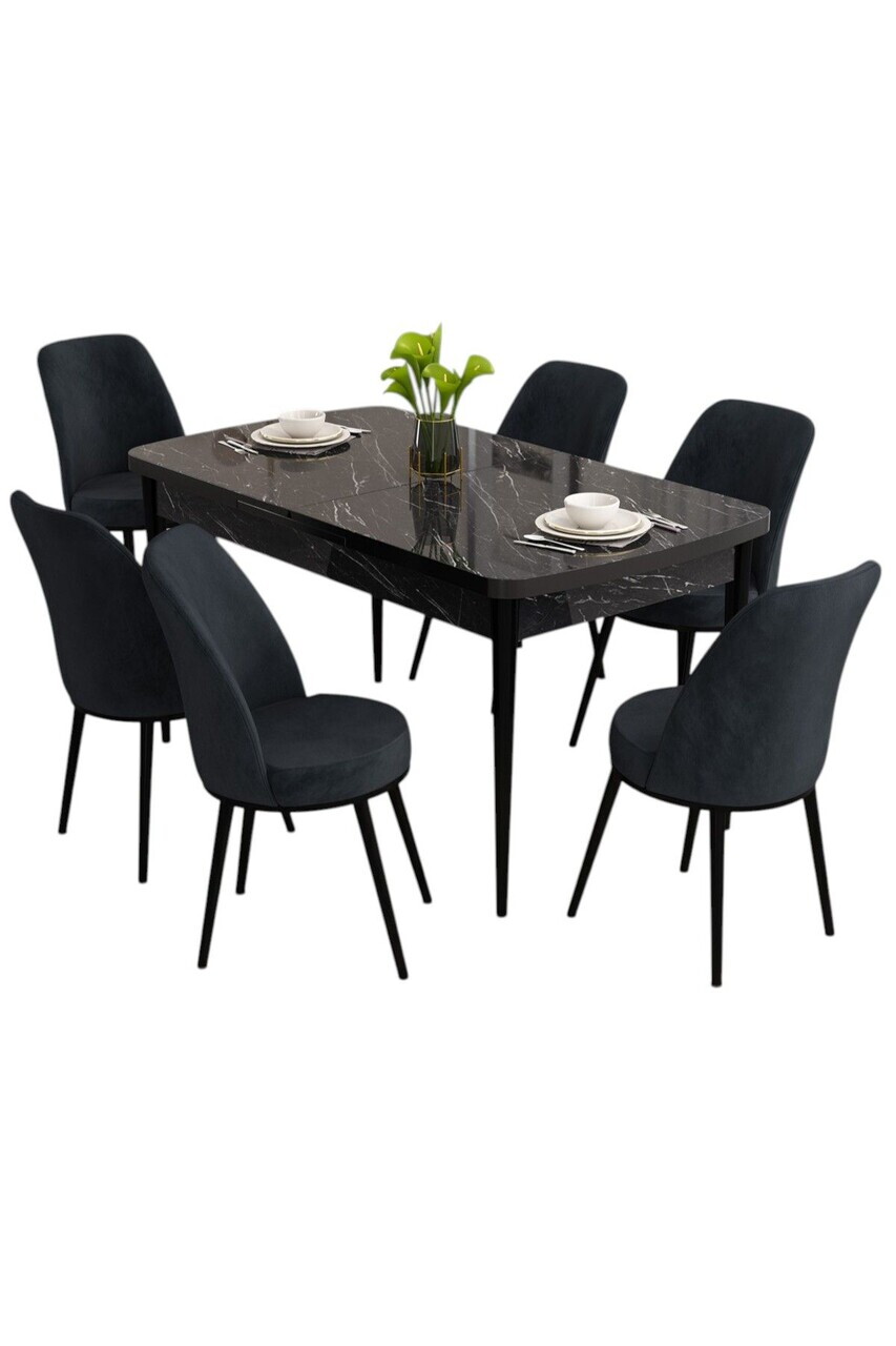 Set masa extensibila si scaune (7 piese), Hanah Home, Nix, Model de marmură neagră / Antracit — imaginea 2