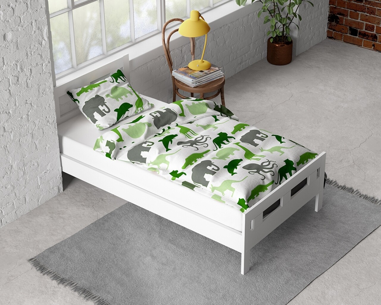 Lenjerie De Pat Pentru O Persoana, Small Dino Green, Royal Textile, 2 Piese, 140 X 200 Cm, 100% Bumbac Flanel, Alb/verde