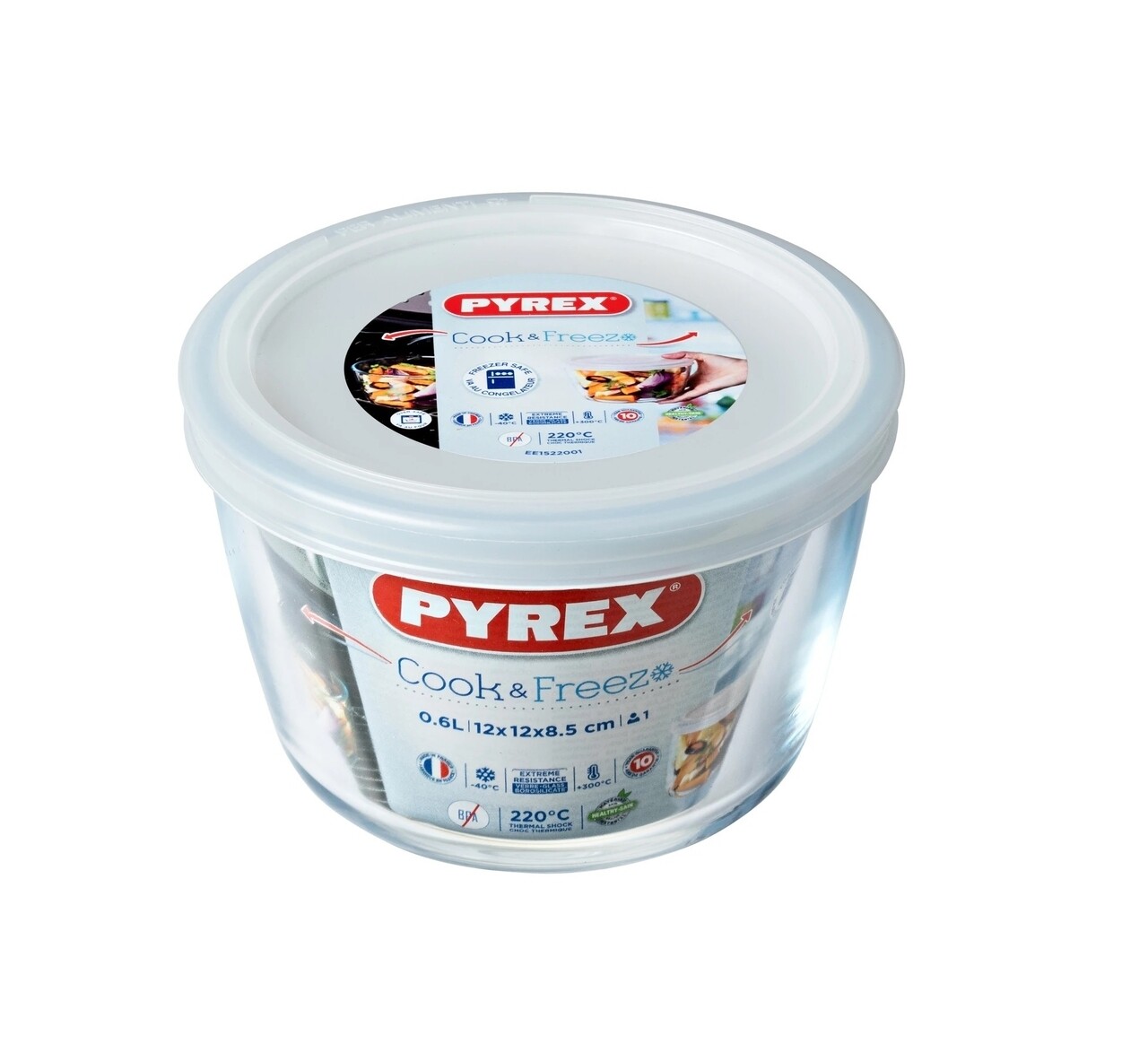 Vas Rotund Cu Capac, Pyrex, 0.6 L, Sticla Termorezistenta