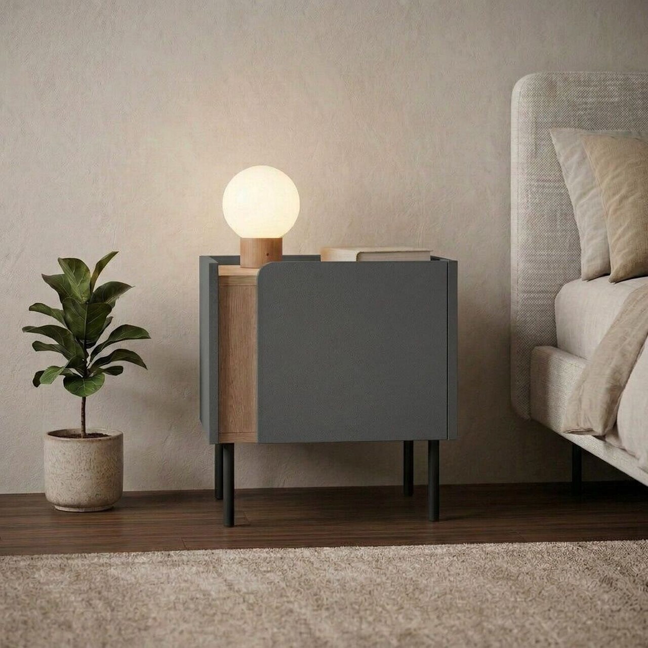Noptiera, Hanah Home, Lucile, 45.5x47.8x35 cm, PAL, Stejar Sepet / Antracit / Negru — imaginea 2