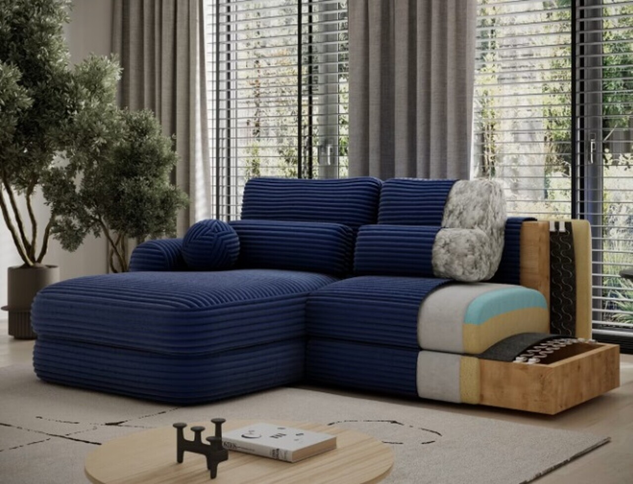 Coltar extensibil stanga 3 locuri ELTAP, Ripeli, 217x175x96 cm, lemn/catifea din poliester, gri — imaginea 12