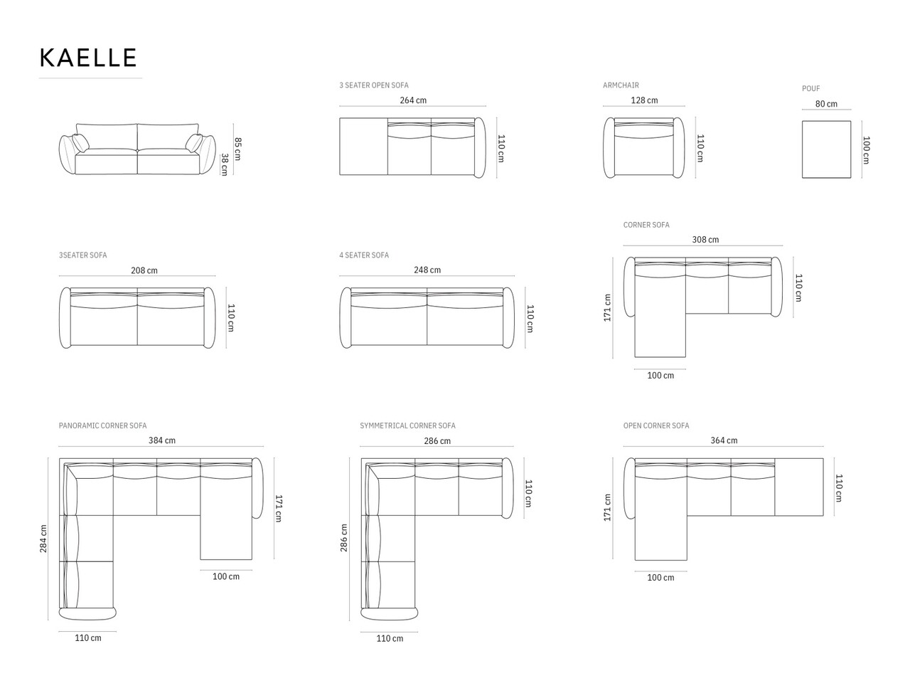 Coltar panoramic dreapta 8 locuri, Kaelle, Micadoni Home, BL, 384x284x85 cm, catifea, gri