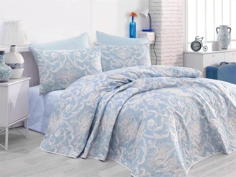 Set cuvertura de pat dubla matlasata, EnLora Home, Tuval Blue, 3 piese, 65% bumbac, 35% poliester, bleu