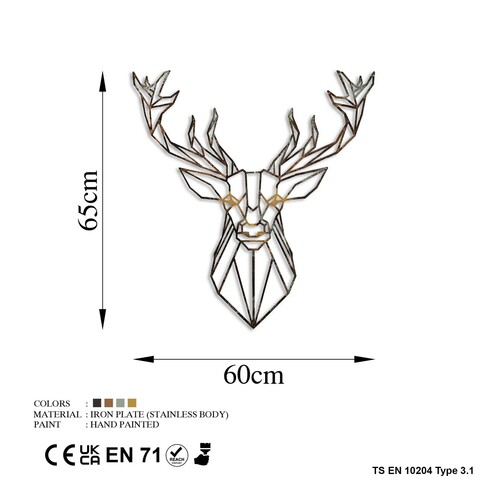 Decoratiune de perete, Deer, Metal, Latime: 60 cm / Inaltime: 65 cm, Multicolor
