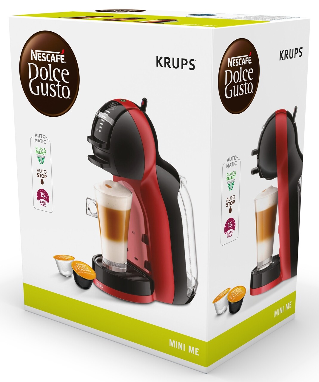 Espressor, Krups, Dolce Gusto Mini Me, 1500 W, 15 Bari, Capacitate Rezervor 0.8 L, Rosu/negru