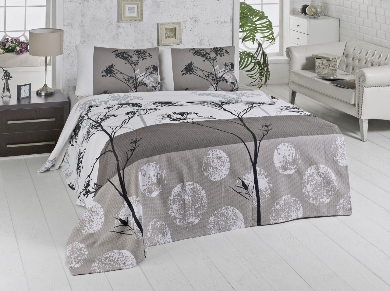Cuvertura de pat dubla King Size, Victoria, Belezza Grey FR, 220x240 cm, 100% bumbac, multicolor
