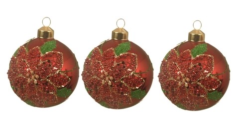 Set 3 globuri poinsettia, decoris, Ø8 cm, sticla, rosu