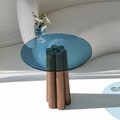 Masuta de cafea, Neostill, Thales Walnut, Albastru, 50x50x50 cm, Sticla temperata, Nuc / Albastru