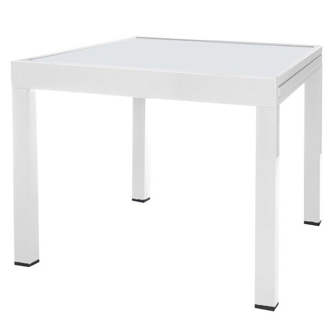 Masa extensibila Thais, 90-180 x 90 x 74 cm, aluminiu/sticla temperata, alb