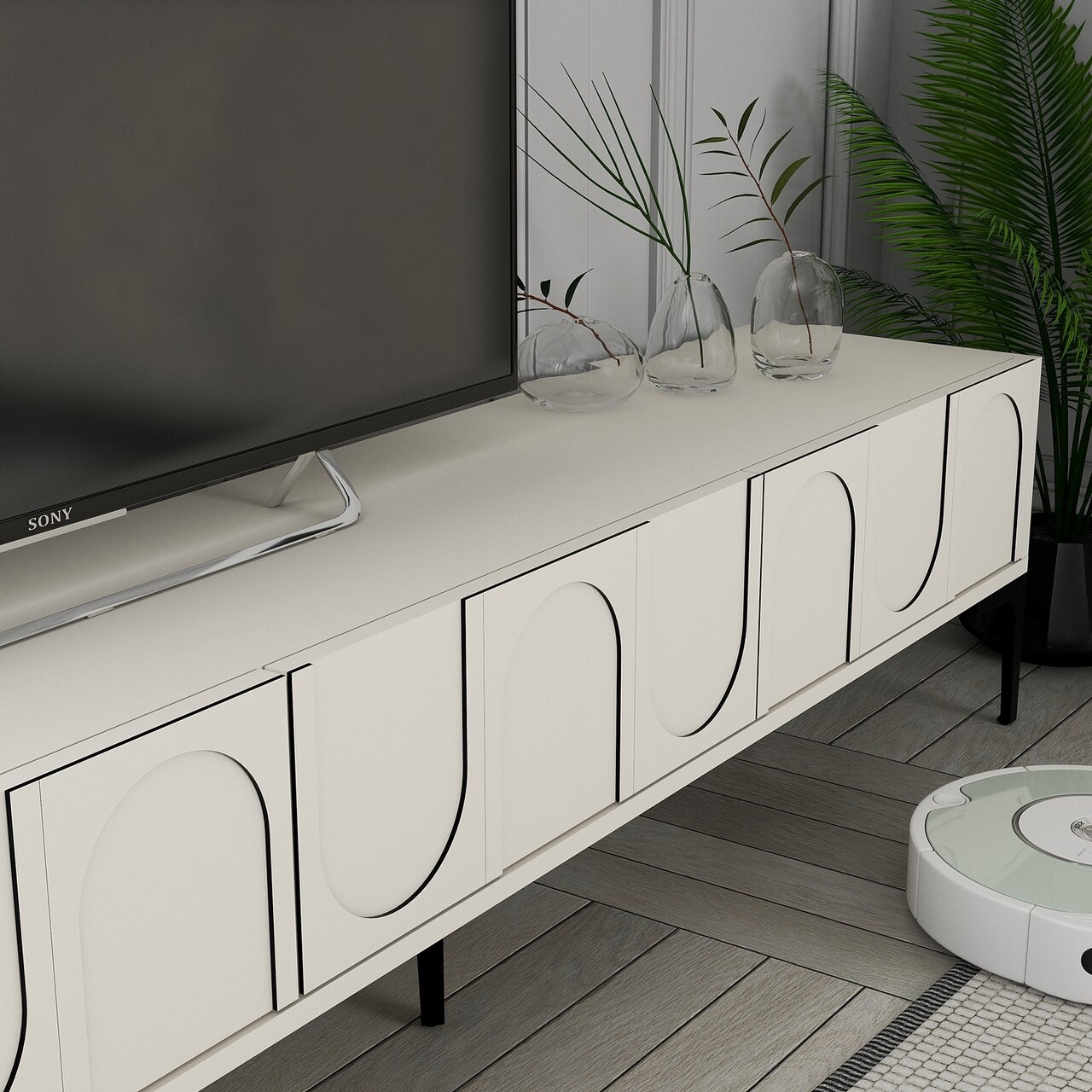 Comoda TV, Hanah Home, Lyon 2, 180x42x35 cm, Crem/Negru - imagine 4