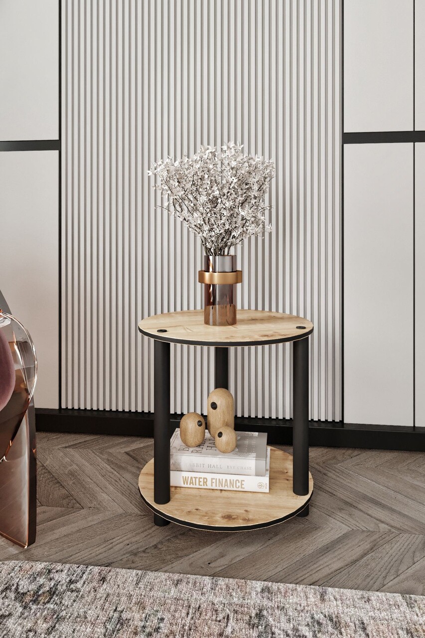 Masuta de cafea, Hanah Home, Bookcase 2-Tier Round, 34x38x34 cm, MDF , Stejar - view 2