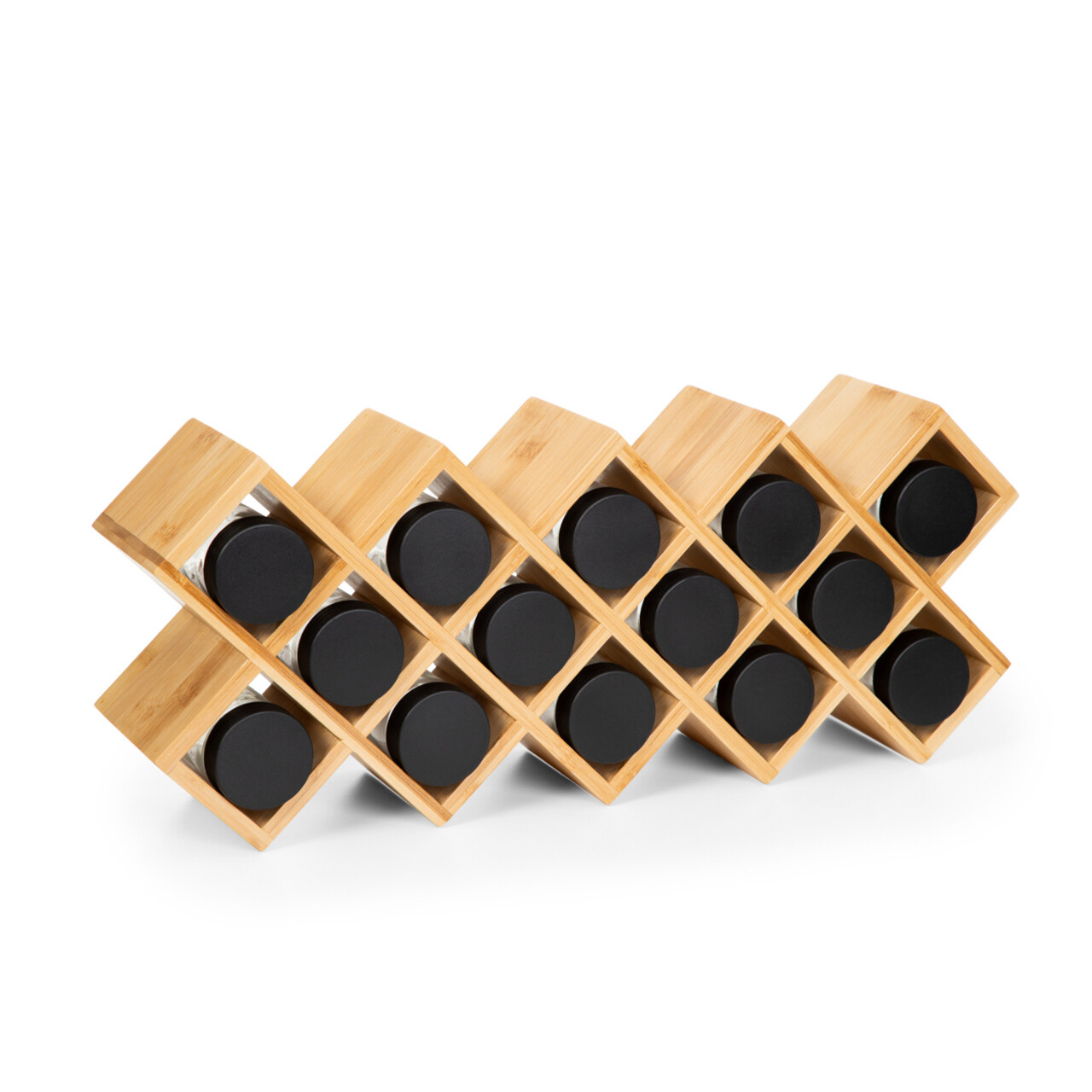 Set 14 recipiente pentru condimente si suport, B2 Bamboo Essentials, Homla, 42x17x9.5 cm, bambus, natur