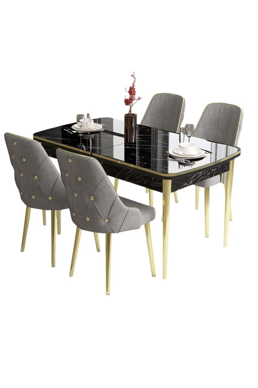 Set masa si scaune (5 piese), Hanah Home, Tia, Model de marmură neagră / Auriu / Gri — imaginea 2
