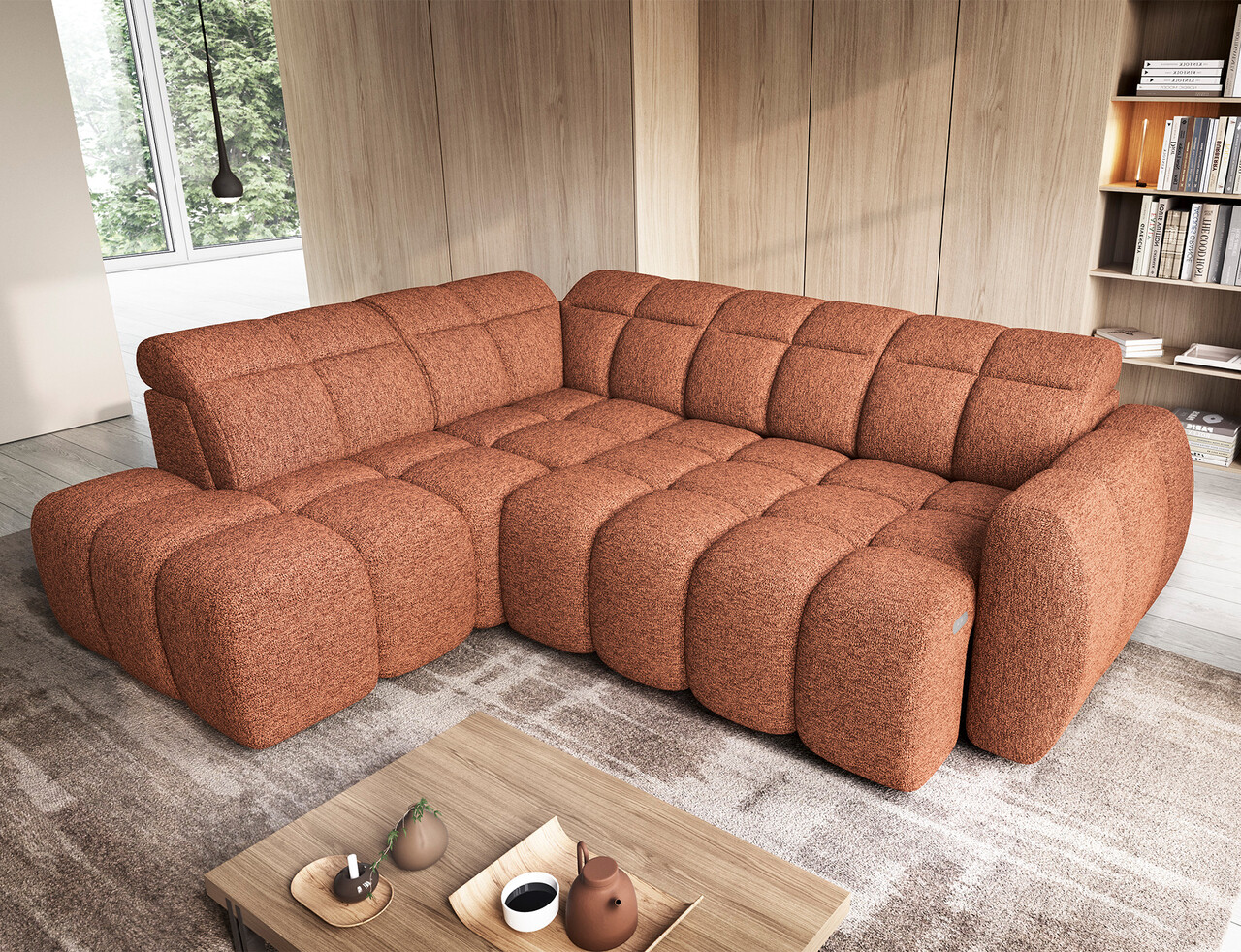 Coltar extensibil stanga 4 locuri ELTAP, LT-30COR, Falconn, 258x208x107 cm, lemn/poliester, caramiziu - 1 | YEO