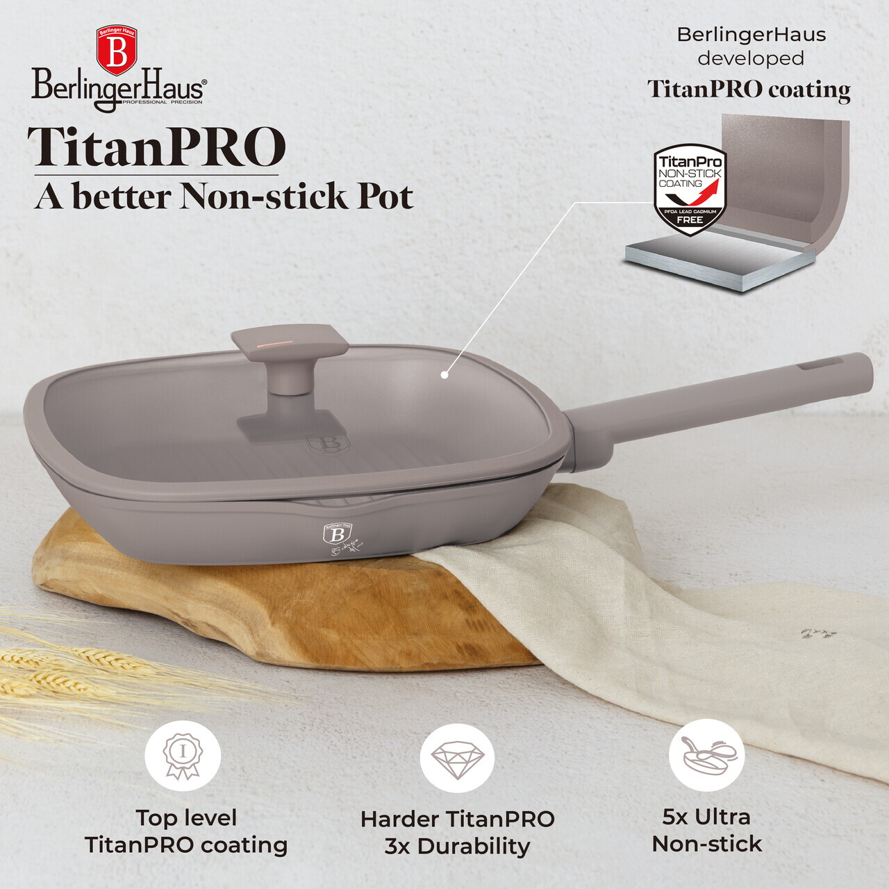 Tigaie grill cu capac Berlinger Haus, Taupe, 28 cm, 2.1 L, aluminiu forjat, taupe mat - imagine 11