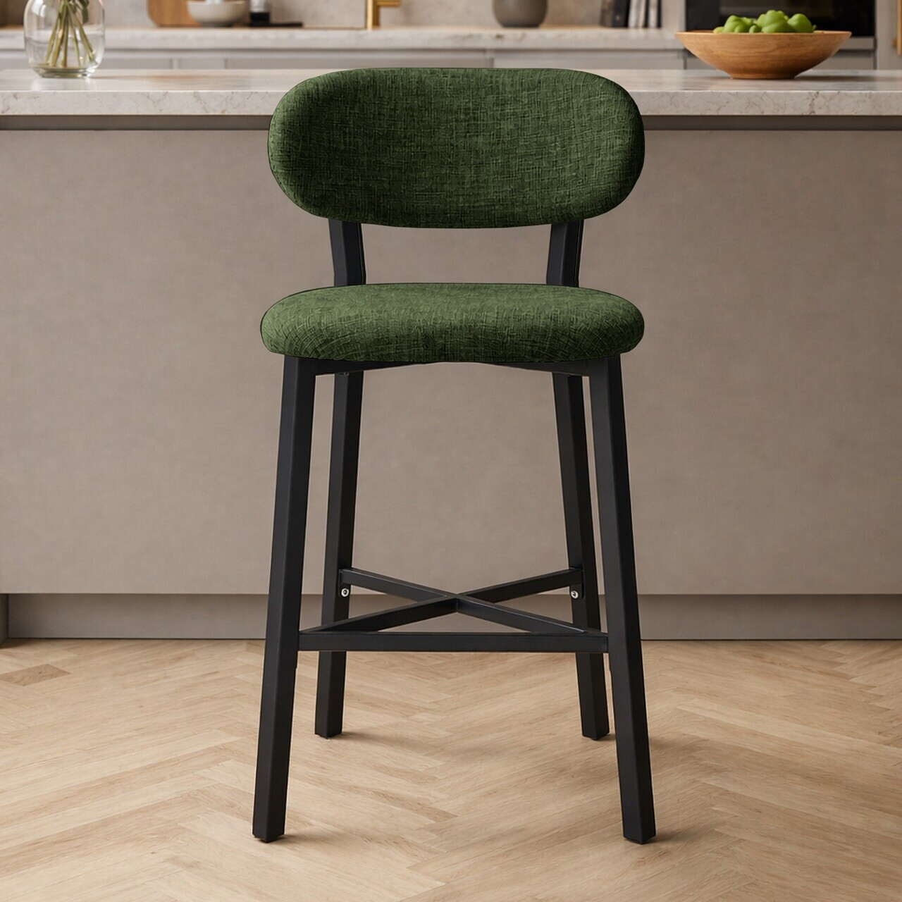 Scaun de bar, Hanah Home, Luna, 42x100x45 cm, Fier/Poliester/In, Verde — imaginea 3