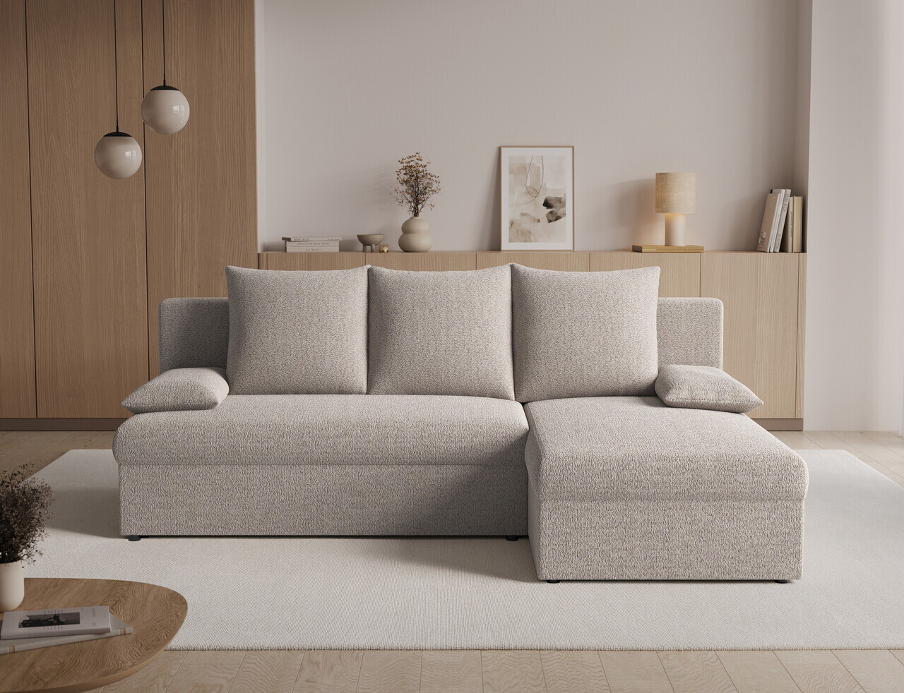 Coltar extensibil reversibil 3 locuri ELTAP, Gino, 201x143x90 cm, lemn/poliester, bej inchis — imaginea 2