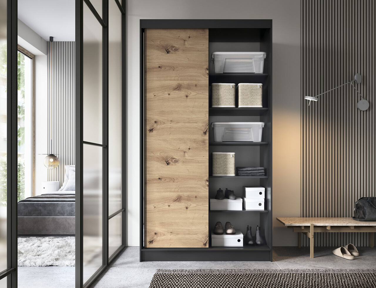 Dulap pentru haine cu oglinda ELTAP, Esville II, 120x60x220 cm, MDF/ABS, negru/stejar - 1 | YEO