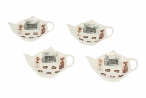Set 4 farfurii Cat pentru plicurile de ceai, Duo, 6 x 11.5 cm, portelan, multicolor