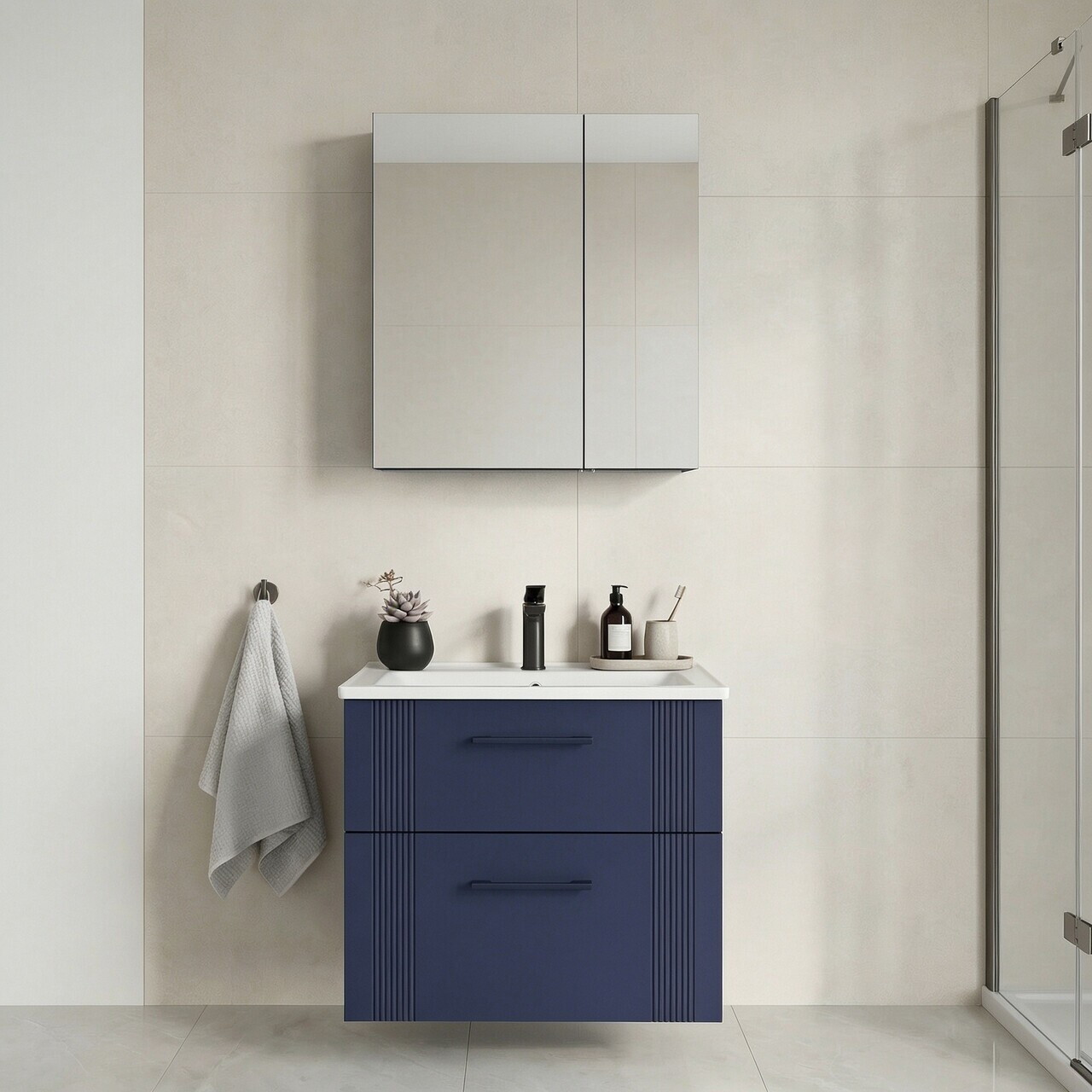 Set Dulap de Baie cu Chiuvetă și Oglindă (2 Piese), Hanah Home, Bari 65 v2, Albastru marin mat