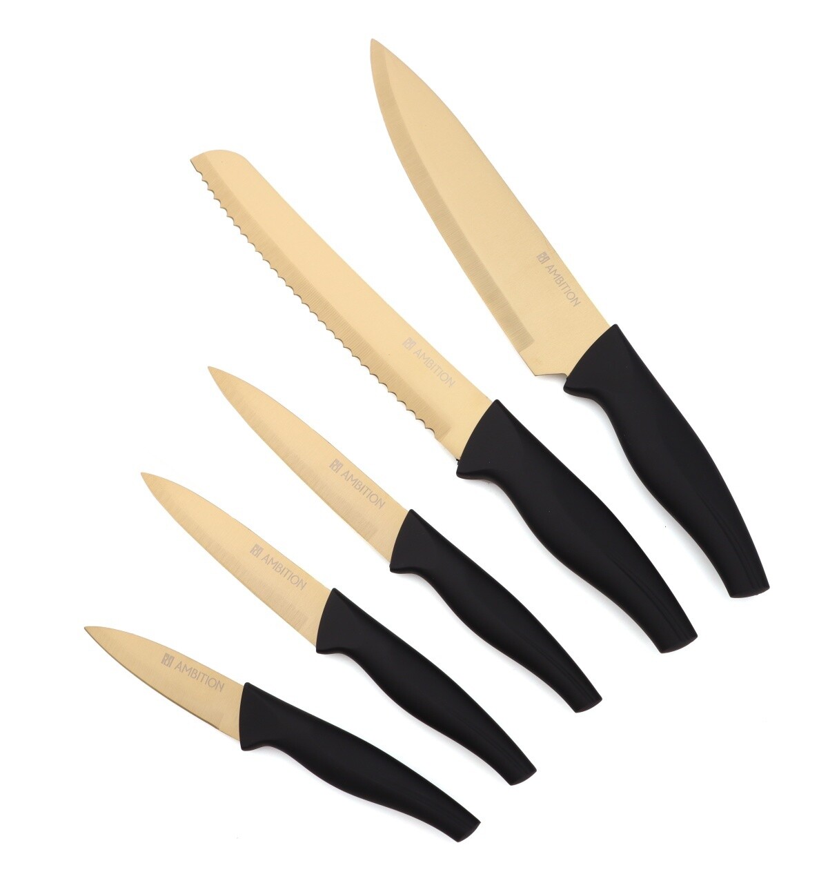 Set 5 cutite si suport Royal, Ambition, 16x11.5x36 cm, otel, negru/auriu - imagine 2