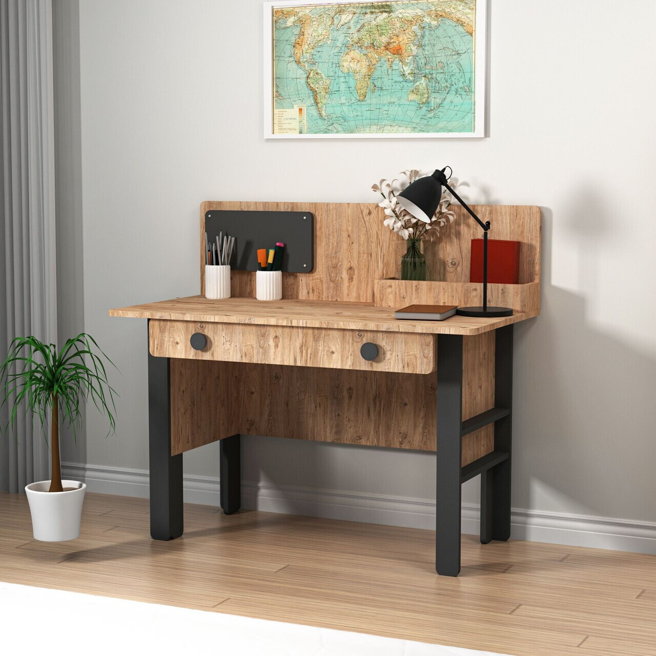 Birou, Hanah Home, Valerin, 120x72x60 cm, PAL, Pin Atlantic / Antracit — imaginea 2