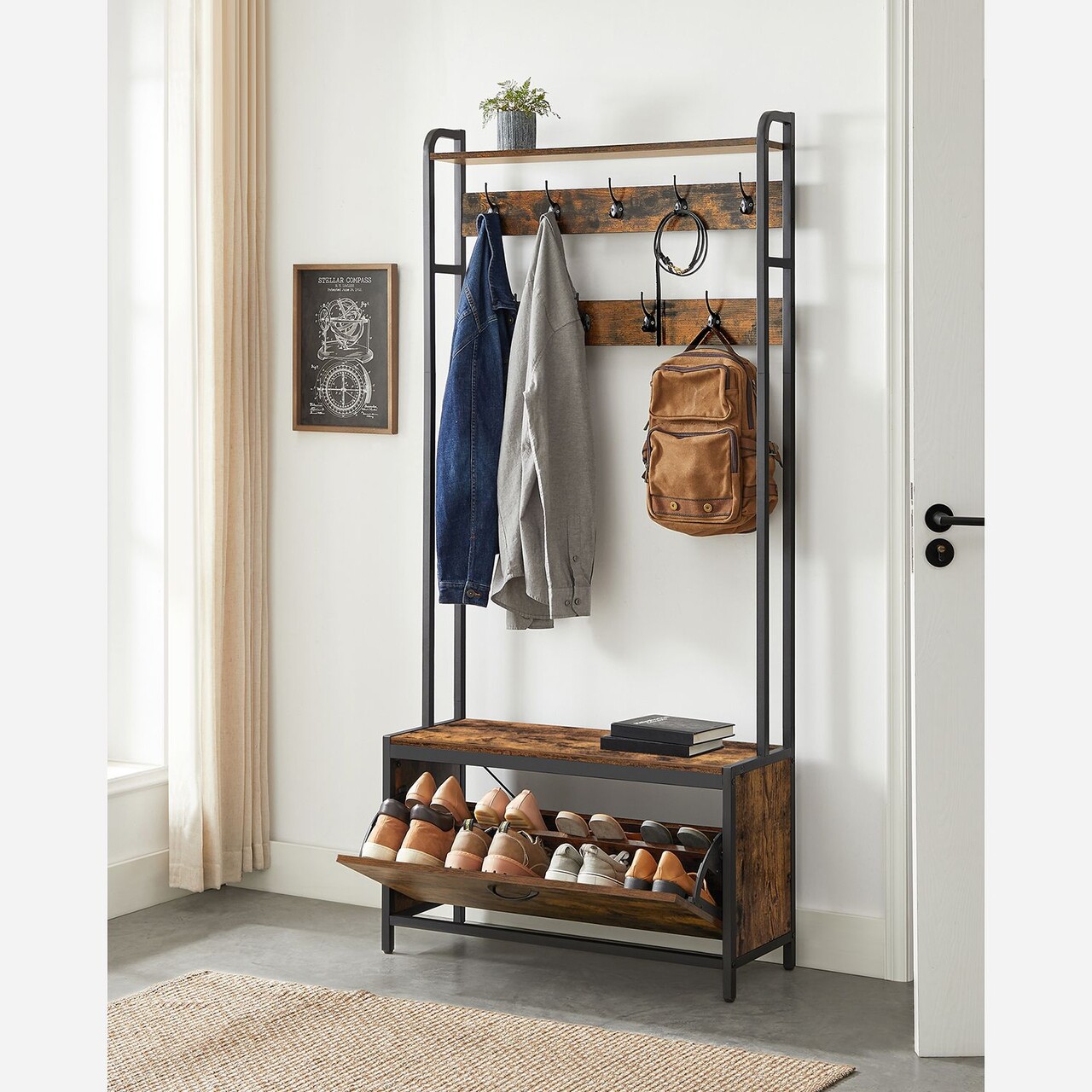 Cuier cu pantofar, Vasagle, Industrial Design, 9 agatatori, 85x30x180 cm, PAL/otel, maro