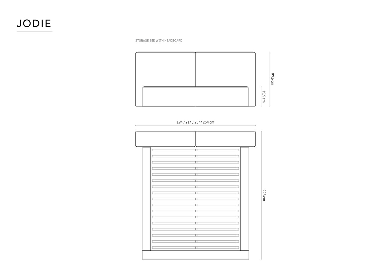 Pat tapitat cu tablie si lada depozitare, Jodie, Micadoni Home, BL, 200x200 cm, poliester, negru