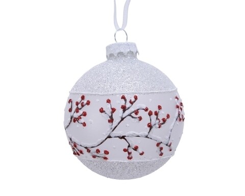 Set 3 globuri Branch red berries, Decoris, Ø8 cm, sticla, rosu