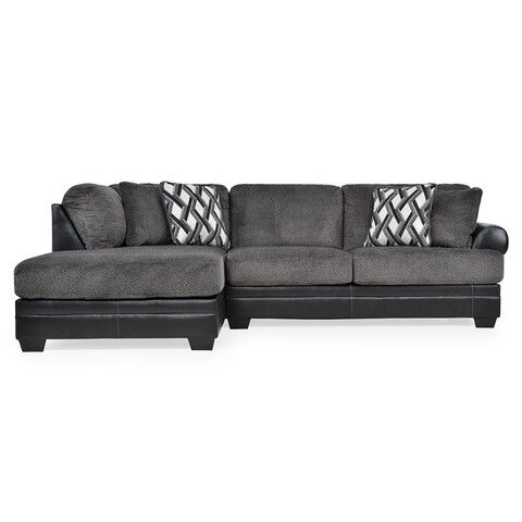 Canapea cu sezlong stanga, 4 perne, Vermont, L.311 x l.102/192 x H.102 cm, imitatie piele/stofa, negru/gri