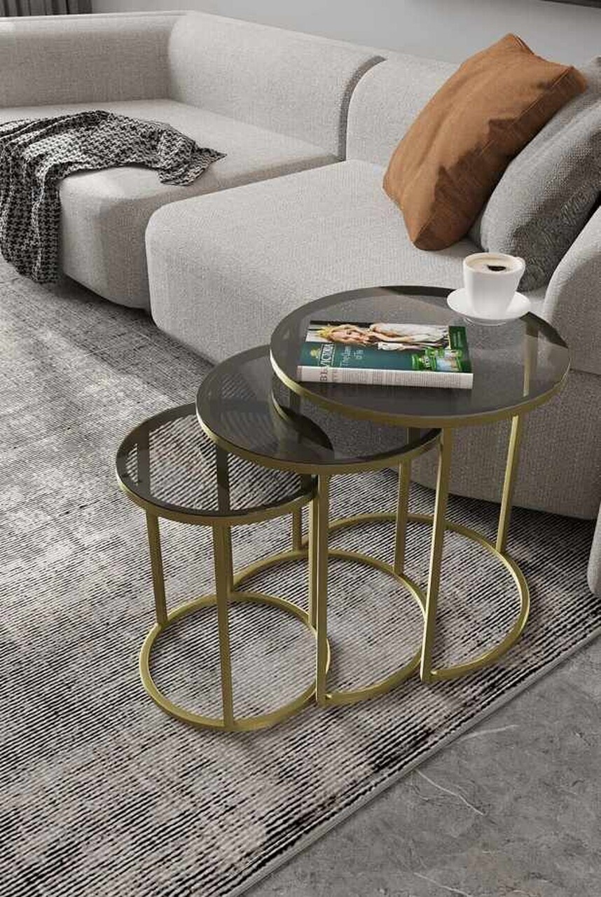 Set masute 3 piese, Hanah Home, Milas 3, Aur / Fume