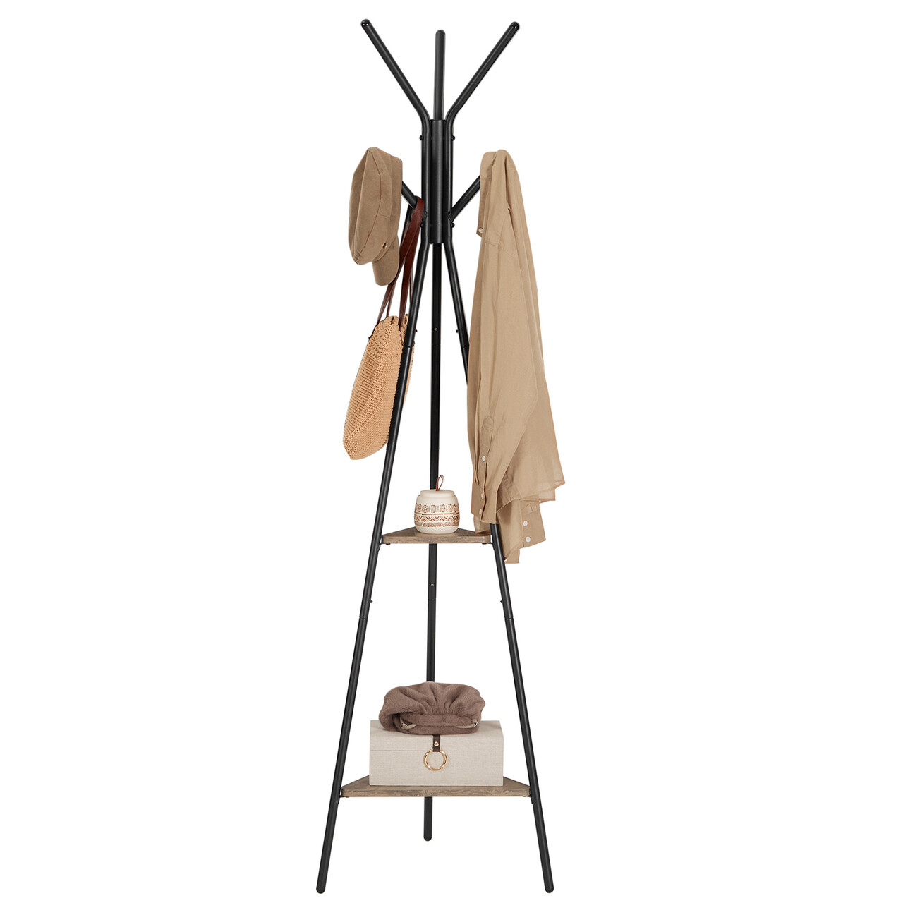 Cuier cu 6 agatatori si 2 rafturi Tree, Vasagle, 49.5x49.5x179 cm, PAL/otel, gri/negru - view 6