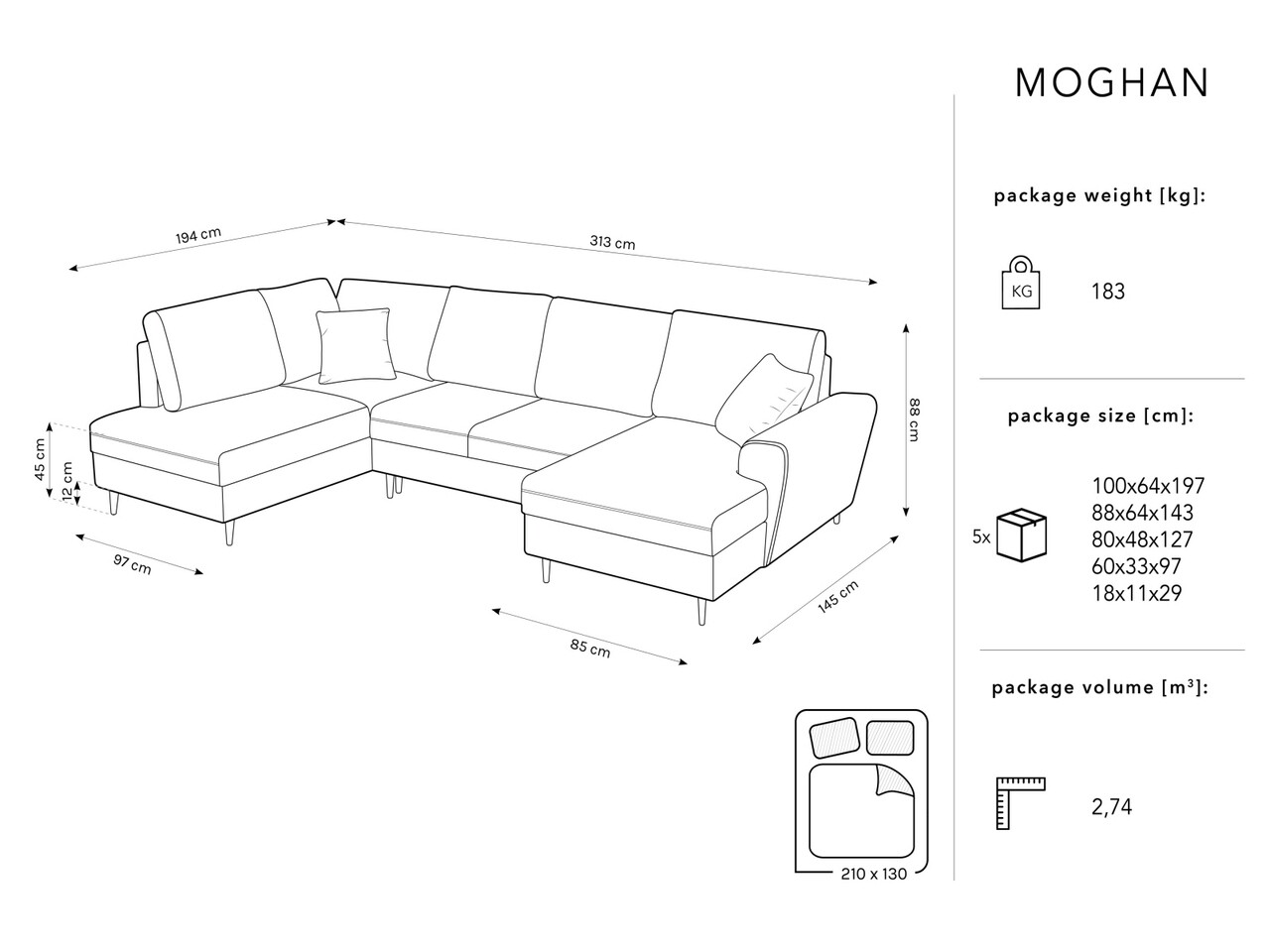 Coltar panoramic extensibil stanga 7 locuri, Moghan, Micadoni Home, BL, 313x194x88 cm, catifea, albastru regal