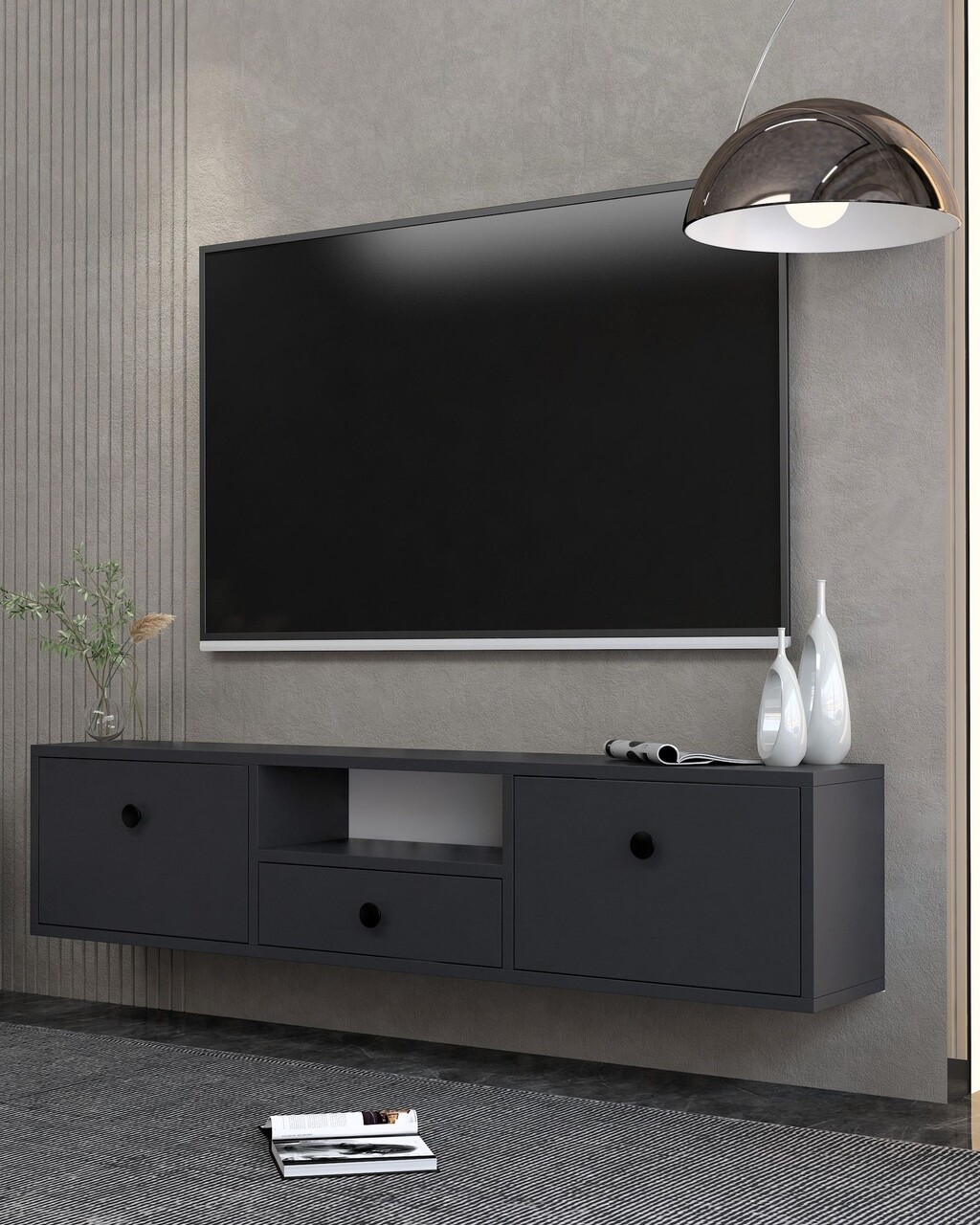 Comoda TV, Hanah Home, 1301-DROP-1, 140x30x30 cm, PAL , Antracit / Negru - view 2