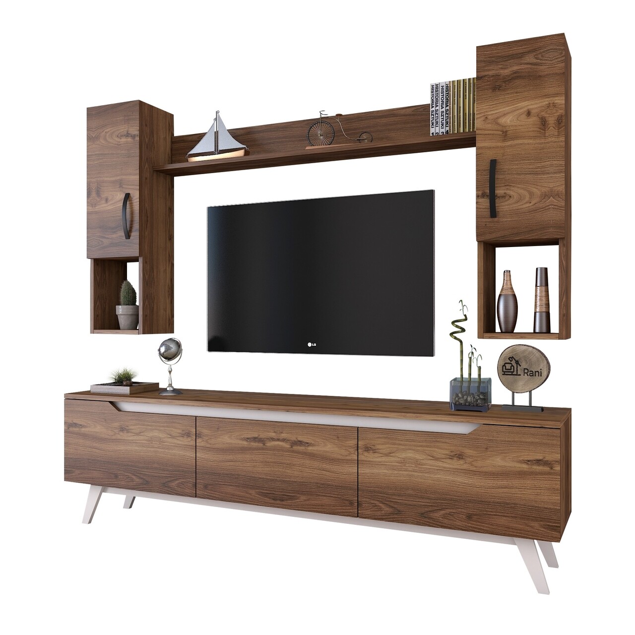 Comoda TV Cu Raft De Perete Si 2 Cabinete M27 - 833, Wren, 180 X 35 X 48.6 Cm/133 Cm, Walnut/white