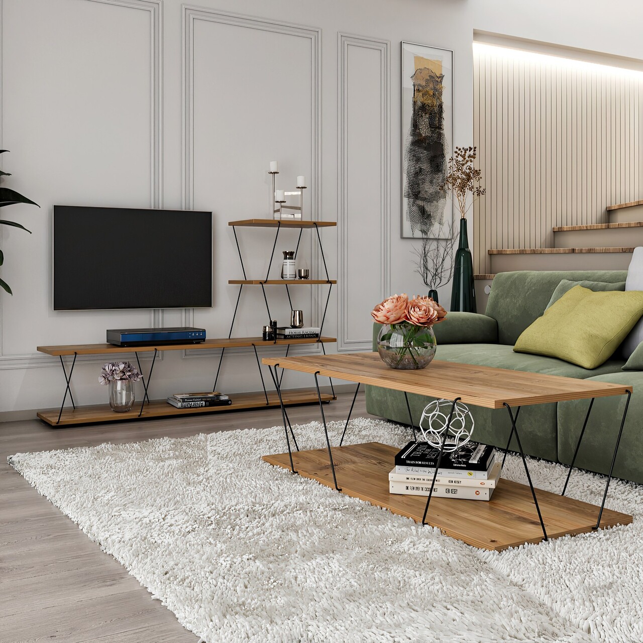 Set mobilier living, Hanah Home, Basak, Pin Atlantic / Negru - view 2
