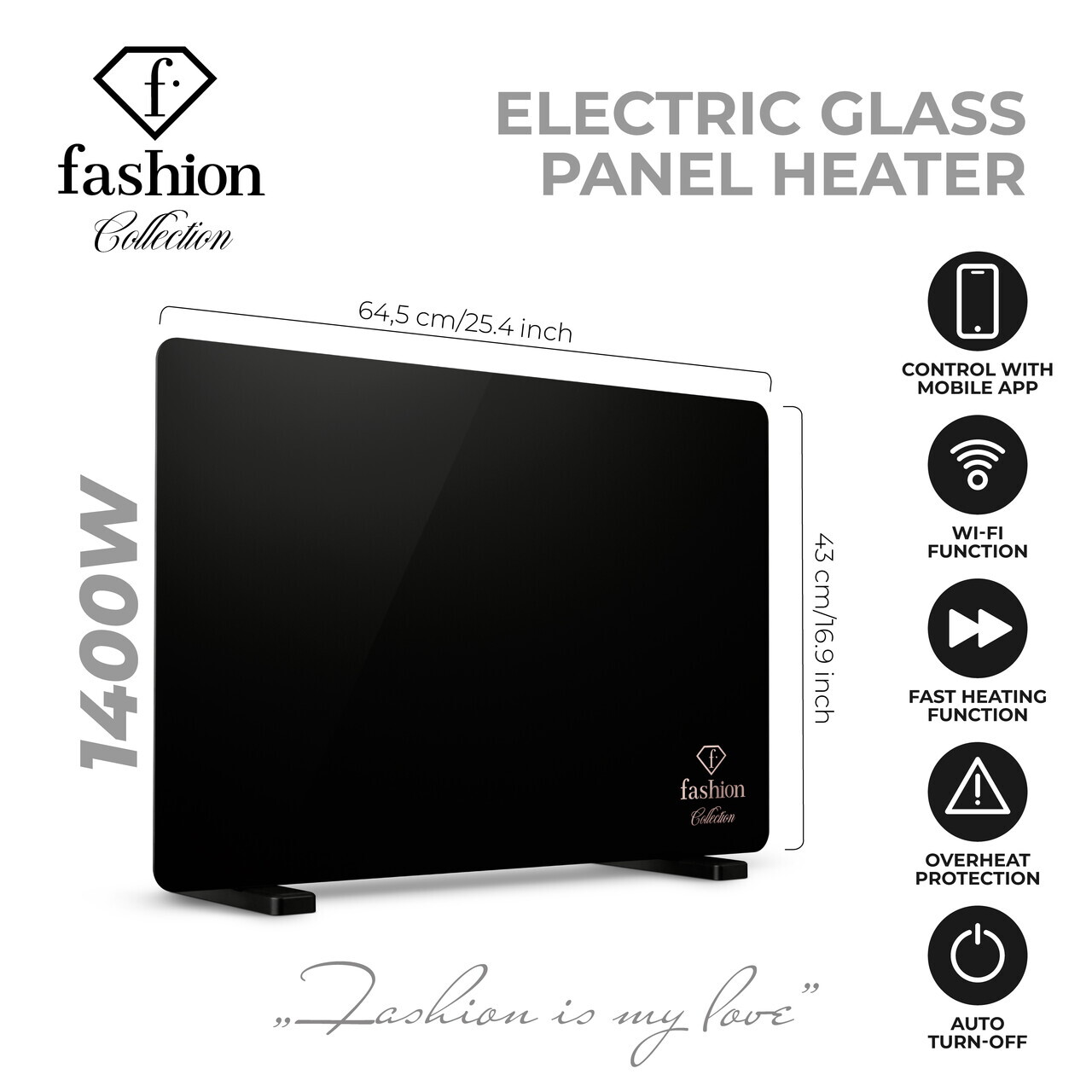 Panou electric de incalzire Fashion TV, Black Rose, 64.5x6.6x43 cm, 1400W, sticla securizata, negru - view 10