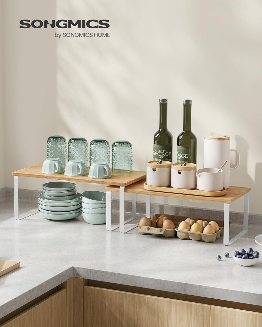 Set 2 organizatoare dulap bucatarie, Songmics, 39.7x19.5x15.8 cm, metal/lemn, alb/bej - imagine 8