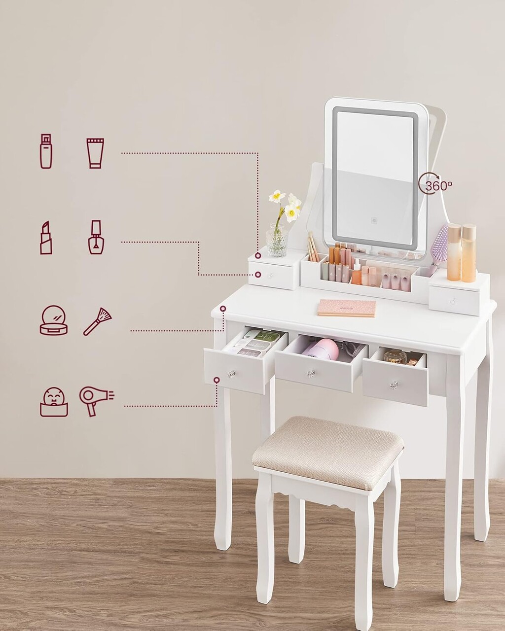 Masa de toaleta cu taburet si oglinda cu LED-uri si rotire 360 / masuta dressing, Vasagle, 80s40s137.5 cm, MDF/lemn de pin/lemn de cauciuc, alb - 1 | YEO